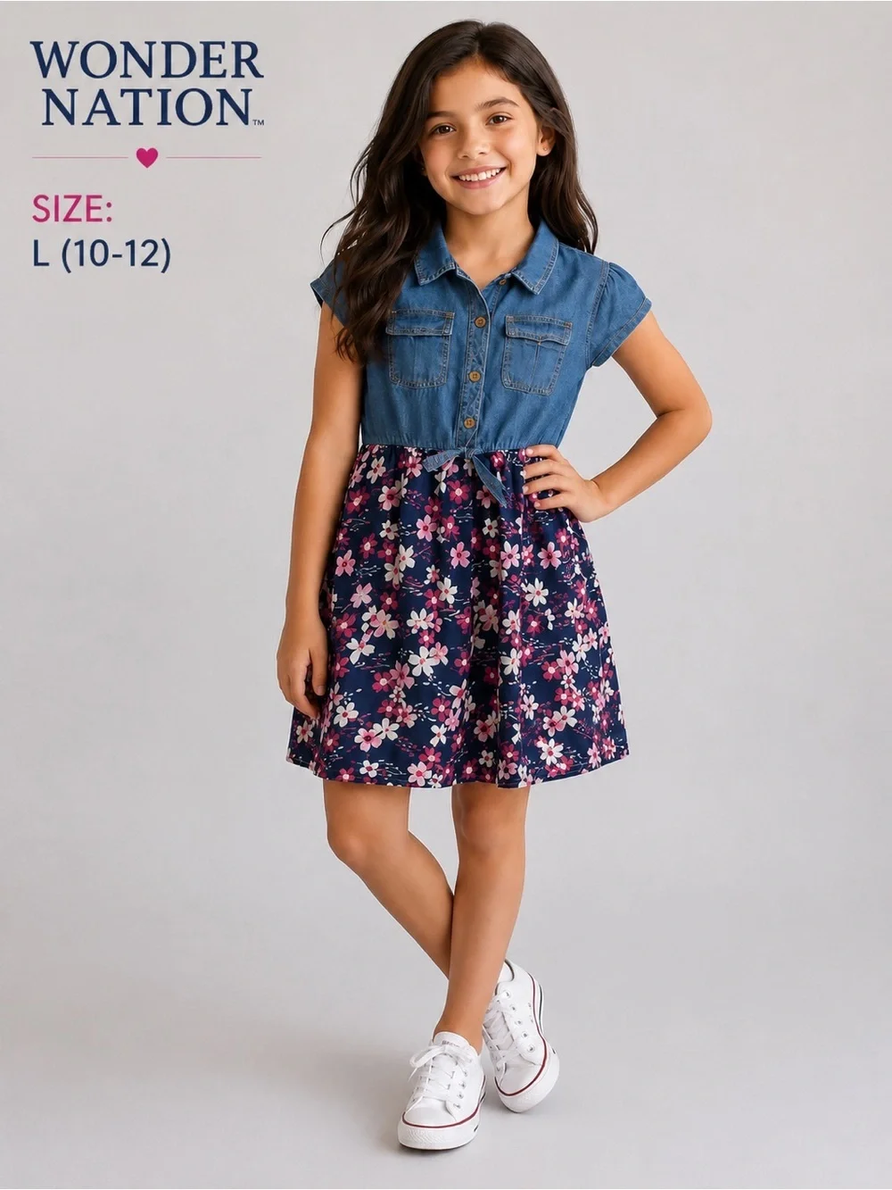 WONDER NATION girls Floral Denim Dress/size L(10-12)